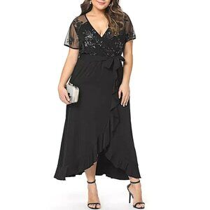 Stitching Sequin Top Sheer Mesh Sleeves Ruffled Hem Navy Blue Wrap Dress w/Belt